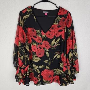 VINCE CAMUTO Holiday Hues Floral V Neck Blouse L